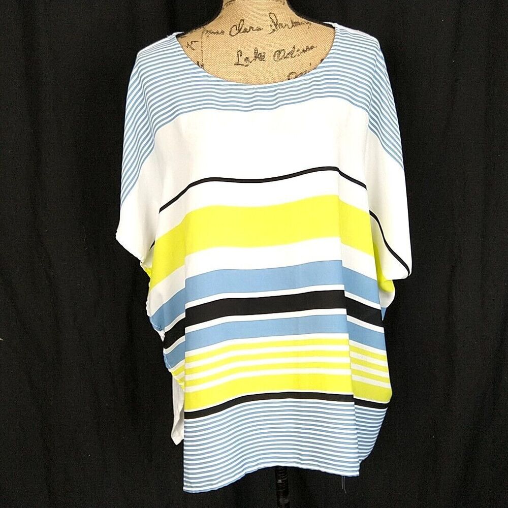 Lane Bryant Womens sz 14 16 Top White Blue Yellow Striped Short Dolman Sleeve‎